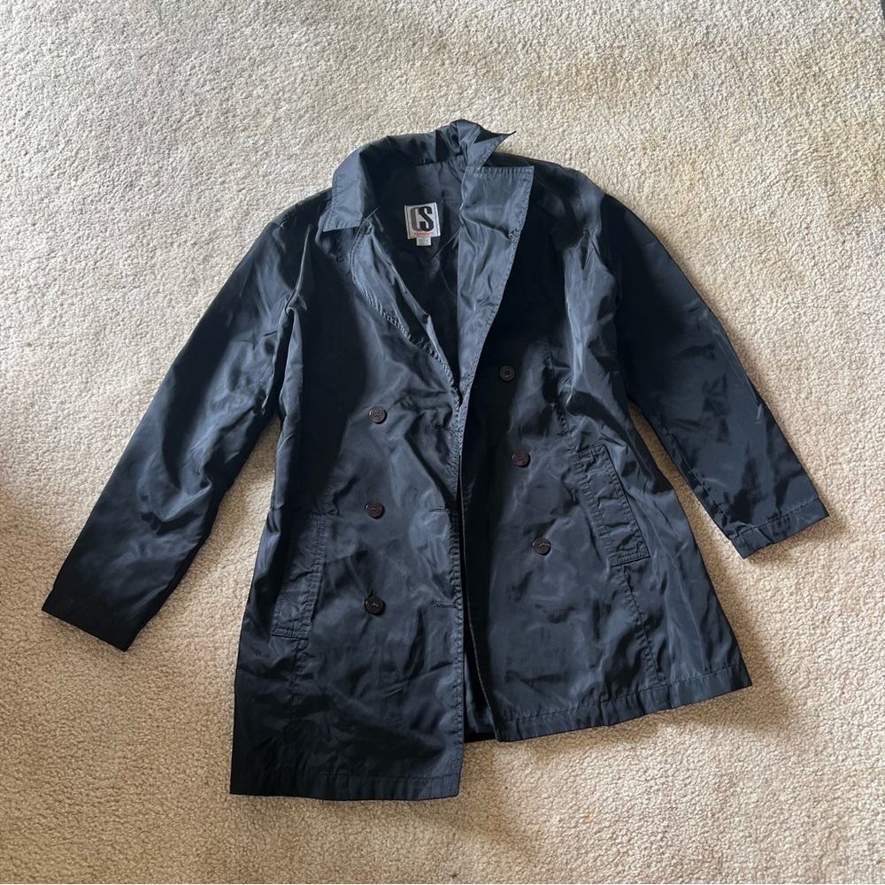 Black Double-Breasted Nylon Feel Coat By CS Signature Size Small